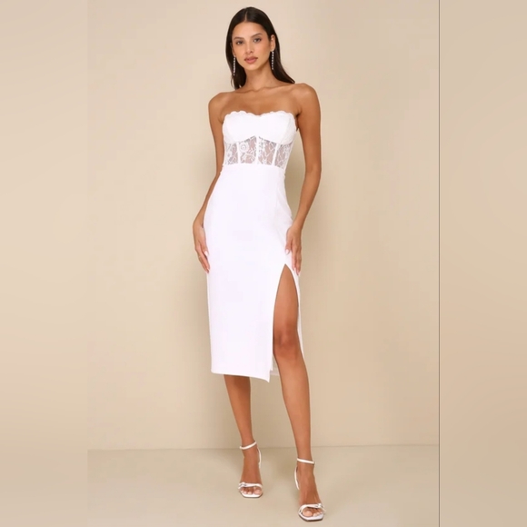 Lulus Exquisitely Sultry White Lace Strapless Bustier Midi Dress